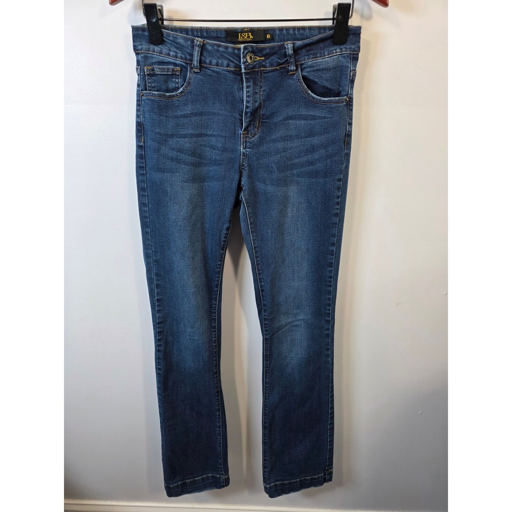 Lucky & Blessed Womens Mid Rise Bootcut Jeans Dark Wash Distressed Hem Size 8